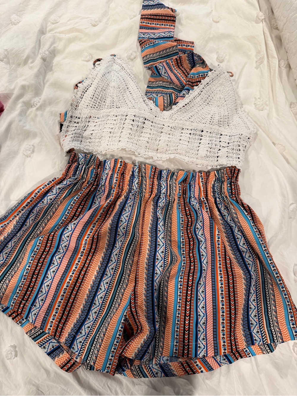 White 2 piece Crochet Top and Multicolor Tribal Stripe One-Piece Set